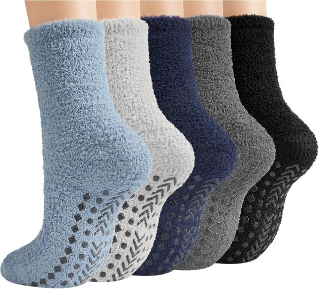 Product image of Toes Home Fuzzy Socks Men with Grips, Winter Fluffy Slipper Socks Hospital Cozy Warm Non-slip Thick 5 Pairs