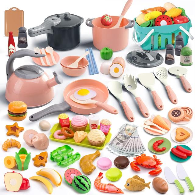 Product image of 130Pcs Kitchen Playset, Toddler Pretend Cooking Play Pots, Pans, Utensils Cookware, Daily Food Fruit Veges, Shopping Storage Basket, Dessert, Prop Money, Learning Gift for Child (Pink)
