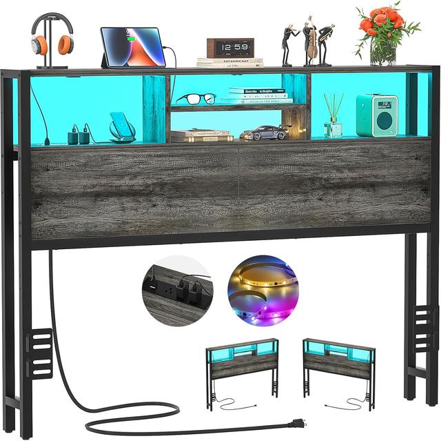Product image of Aheaplus Headboard for Full Size Bed with Storage, Headboards with Outlets, USB Ports and LED Light, Full Size Head Board Only, Height Adjustable, Reversible, Sturdy and Stable Headboard, Black Oak
