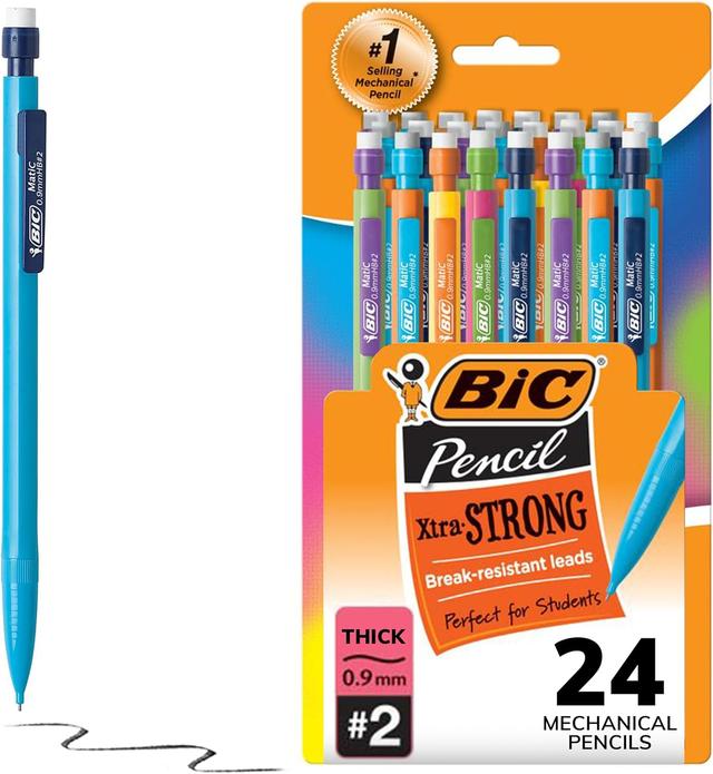 Product image of BIC Xtra-Strong Thick Lead Mechanical Pencil, With Colorful Barrel Thick Point (0.9mm), 24-Count Pack, With Erasers (MPLWP241)
