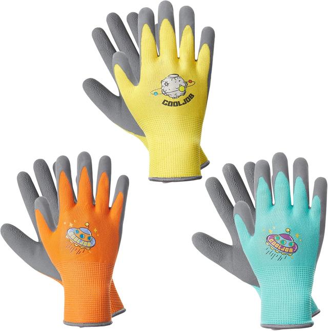 Product image of COOLJOB 3 Pairs Kids Gardening Gloves for Age 3-5, Children Grippy Rubber Coated Garden Work Gloves, Orange & Green & Yellow, Small Size (3 Pairs S)
