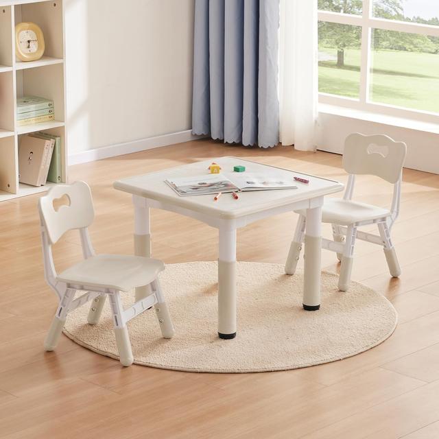 Product image of Kids Study Table and Chairs Set, Height Adjustable Toddler Table and Chair Set for Kids Ages 3-8, 23.6" L x 23.6" W Graffiti Desktop Plastic Children Art Table with 2 Seats, Burlywood