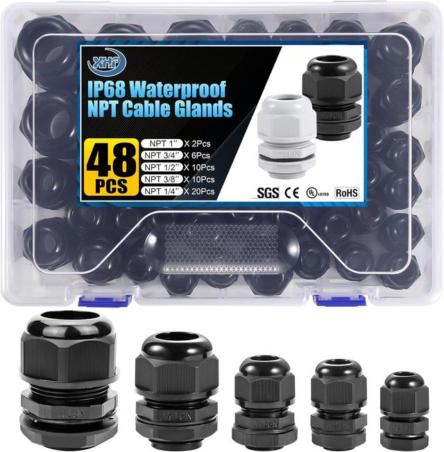 Product image of XHF IP68 Nylon Waterproof NPT Cable Glands Assortment 48pcs 1/4", 3/8'', 1/2'', 3/4'', 1'' UL Listed and RoHS Cord Grip Compliant Cable Strain Relief Black