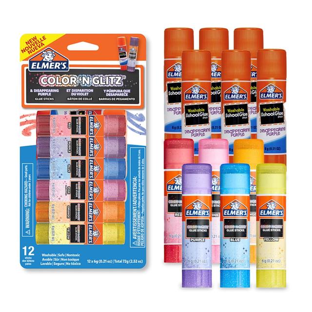 Product image of Elmer’s Color 'n Glitz Glue Sticks Washable Assorted Colors Includes Disappearing Purple Glue Sticks 6 Grams 12 Pack
