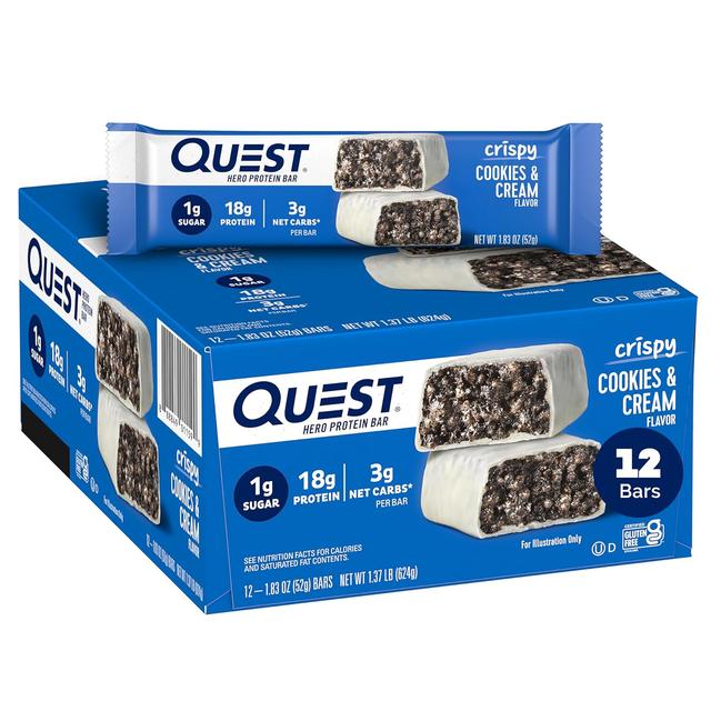 Product image of Quest Nutrition Crispy Cookies & Cream Hero Protein Bar, 18g Protein, 1g Sugar, 3g Net Carb, Gluten Free Protein Snack, Keto Friendly, 12 Count