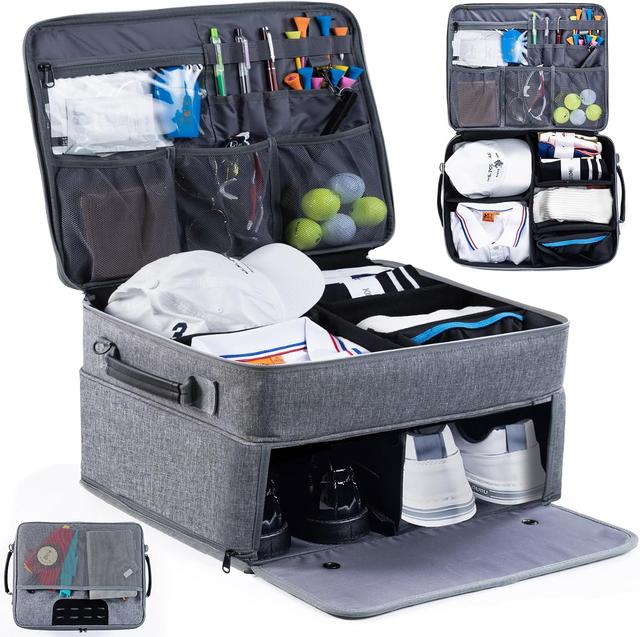 Product image of Upgraded Trunk Organizer - Separate Compartment for 2 Pair Shoes, Car Locker Organizer for Golf Balls, Gloves, Accessories