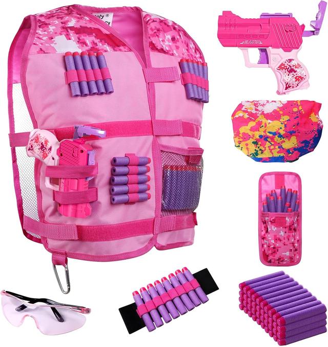 Product image of Girls Tactical Vest Kit with Blaster - Kids Pink Tactical Vest Compatible with Nerf Rebelle N-Strike Purple Darts Googles for Girl