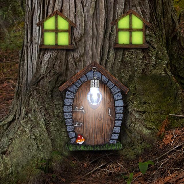 Product image of Juegoal Fairy Gnome Home Miniature Window and Door with Litter lamp for Trees Decoration, Glow in Dark Fairies Sleeping Door and Windows, Yard Art Garden Sculpture, Lawn Ornament Decor