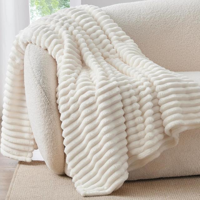 Product image of BEDELITE Fleece Throw Blanket for Couch - 300GSM Soft & Warm Fluffy Cream White Blanket, Decorative and Giftable Striped Blankets for Women, Men, 50"x60"