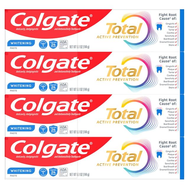 Product image of Colgate Total Whitening Toothpaste with Fluoride, 10 Benefits Including Sensitivity Relief and Stain Removal, Mint, 5.1 ounces (4 Pack)