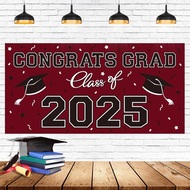 Product image of 2025 Graduation Party Plastic Backdrop - 65" x 32.7" Congrats Grad Banner in Maroon, Large Class of 2025 Decorations, Photography & Grad Party Supplies