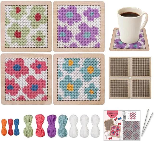 Product image of Yushen 4Pcs Flower Coaster Needlepoint Kit for Adult Cross Stitch Kits DIY Adults Needlepoint Embroidery Starter Set with Patterns Embroidery Needles Threads Crafts (Flower)