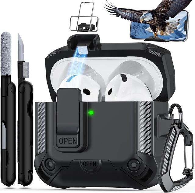 Product image of RFUNGUANGO for AirPods 4th Generation Case, Compatible with AirPods 4th Generation Case (2024), Military-Grade Drop Protection, Comes with Cleaning Kit, Comes with Phone Holder Function -Black