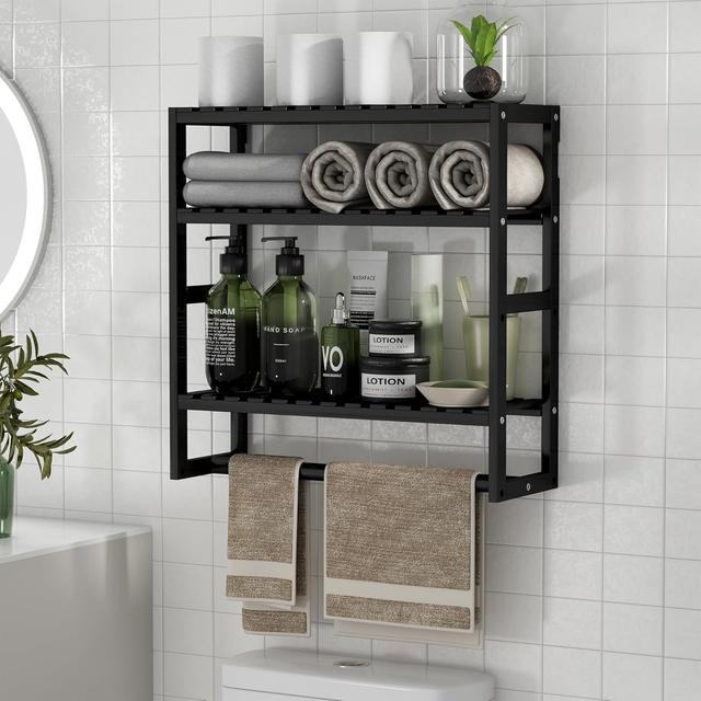 Product image of PPN Towel Rack Bathroom Storage Shelves Over The Toilet with Towel Bar 100% Bamboo Adjustable Height Floating Shelf Wall Shower Shelf for Small Space Bathroom Kitchen Multi Usage (Black-1Pack)