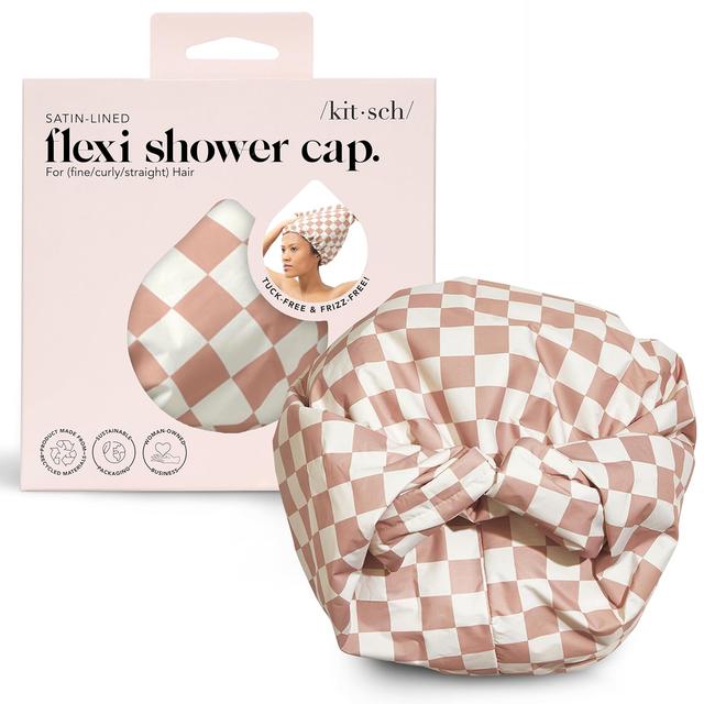 Product image of Kitsch Luxury Shower Caps for Women Reusable Waterproof - Flexi Satin Lined, Large Shower Cap for Men, Non-slip, Quick-dry, Adjustable, Stylish Hair Cap for Long & Short Hair - Terracotta Checker