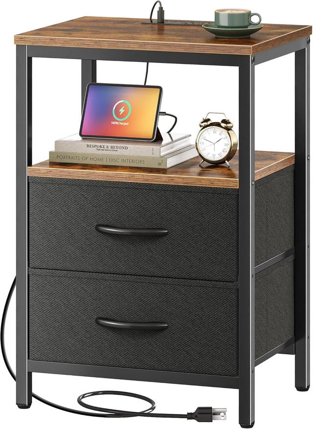 Product image of Huuger Nightstand with Charging Station, Side Table with Fabric Drawers, End Table with Open Shelf, Bedside Table with USB Ports and Outlets, Night Stand for Bedroom, Rustic Brown and Black
