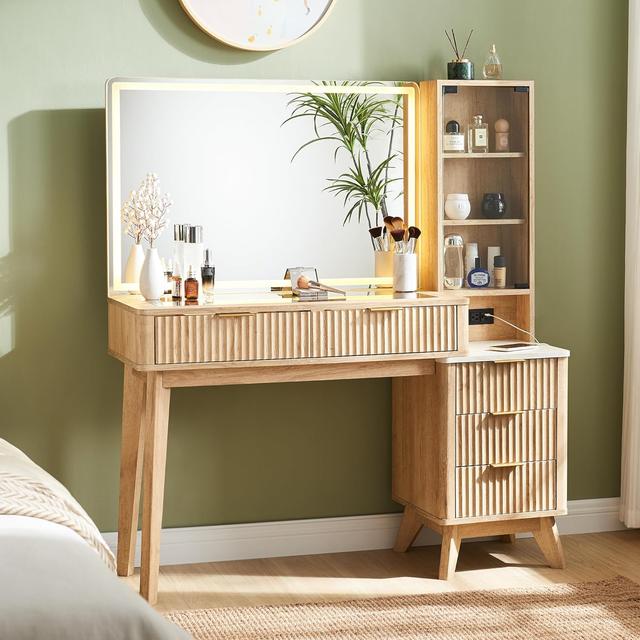 Product image of T4TREAM 48" Fluted Makeup Vanity Desk with Large 36" Mirror and Lights, Modern Glass Top Big Vanity Table with 5 Drawers & Adjustable Shelves, Dressing Table Set w/Charging Station for Bedroom, Oak