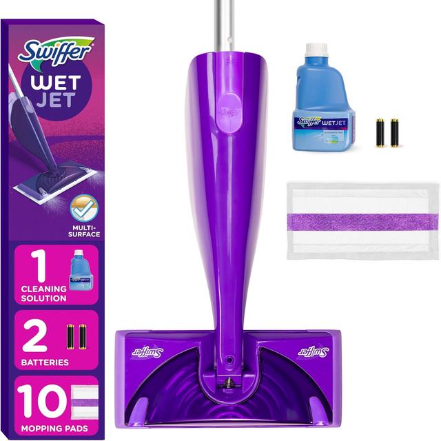 Product image of Swiffer WetJet Hardwood and Floor Spray Mop Cleaner Starter Kit, Includes: 1 Power Mop, 10 Pads, Cleaning Solution, Batteries