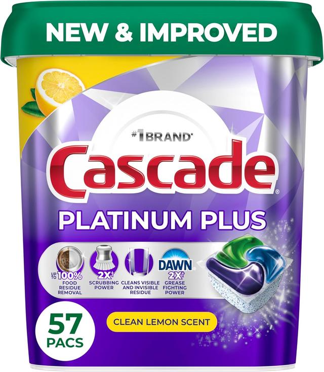 Product image of Cascade Platinum Plus Dishwasher Pods, Dishwasher Detergent, Dish Detergent Soap, Lemon, 57 Count