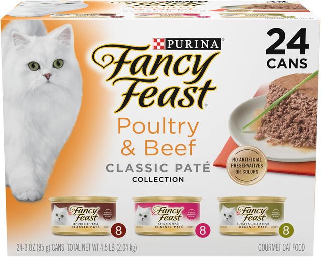Product image of Fancy Feast Poultry and Beef Feast Classic Pate Collection Grain Free Wet Cat Food Variety Pack - (Pack of 24) 3 oz. Cans