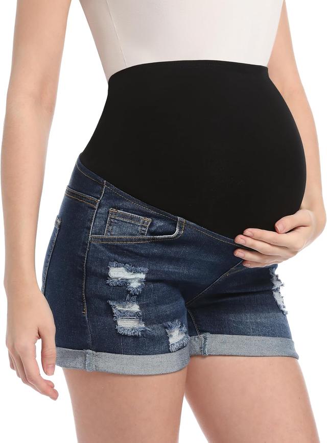Product image of Maternity Denim Shorts High Waist Distressed Cuffed Hem Stretchy Comfy Jeans Short Pants Casual Pregnancy Shorts