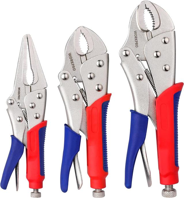 Product image of Workpro 3-piece Jaw Locking Pliers (10 Inch Curved Jaw, 7 Inch Curved Jaw, 6-1/2 Inch Straight Jaw)