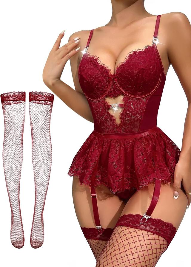Product image of Lilosy Sexy Stocking Heart Rhinestones Underwire Babydoll Lace Mesh Garter