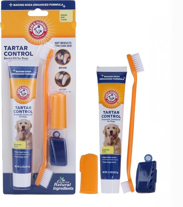 Product image of Arm & Hammer for Pets Tartar Control Kit for Dogs Contains Toothpaste, Toothbrush & Fingerbrush Reduces Plaque & Tartar Buildup, 3-Piece Kit, Banana Mint Flavor (Pack of 1)