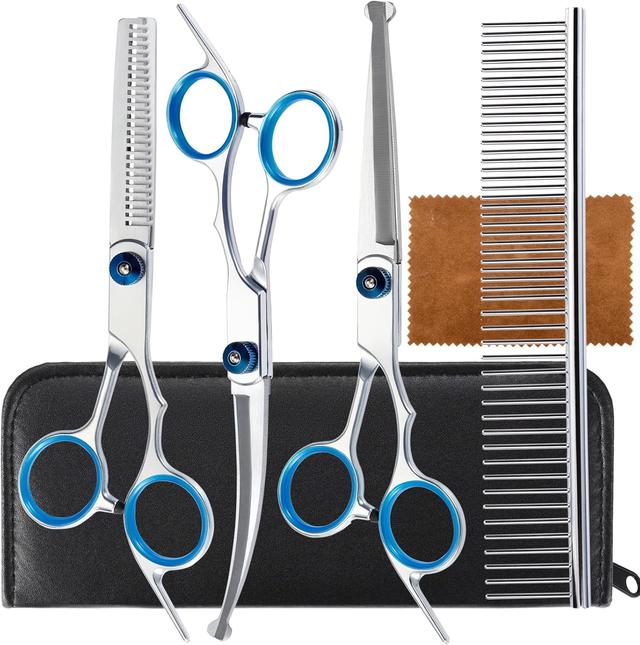 Product image of 5 in 1 Premium Dog Grooming Scissors, Professional Dog Scissors for Grooming with Safety Round Tips, Lengnoyp Stainless Steel Thinning Shears, Dog Pet Cat Shears for Grooming Kit