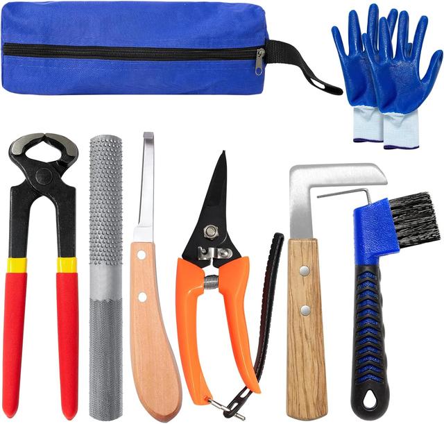 Product image of 8 inch Farrier Tools Kit (8 Piece) Horse Goat Hoof Trimmers Carbon Steel Nippers Shears Nail Clipper, Mini Rasp, Hoof Trimming Cutter Knife, File for Pig Sheep Donkey Equine Supplies with Storage Bag