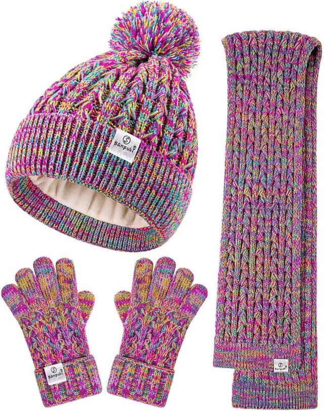 Product image of Kids Winter Hat Gloves Scarf Set,Girls Toddler Winter Hat Beanie with Pom Neck Warmer Gaiter Mittens Fleece Lined Set