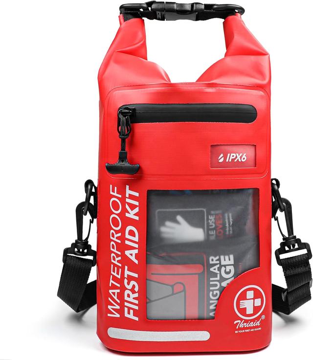 Product image of THRIAID 250 PCS Waterproof First Aid Kit, Roll Top Reflective Boat Dry Bag Bug Out Bag, Emergency Medical Kit Ideal for Boating, Camping, Fishing, Kayaking, Floating, Red