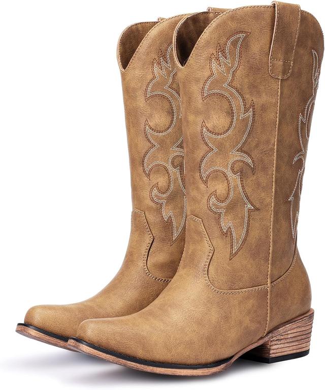 Product image of Cowboy Boots for Women - Embroidered Cowgirl Boots Western Mid Calf Fashion Chunky Heel Pointed Toe Country Boot