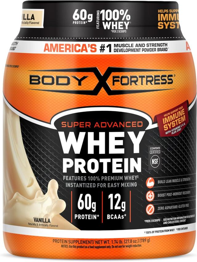 Product image of Body Fortress Super Advanced Whey Protein Powder, Vanilla, Immune Support (1), Vitamins C & D Plus Zinc, 1.74 lbs