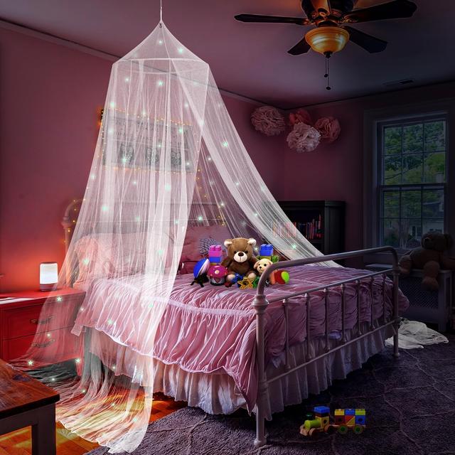 Product image of Daksha Princess Bed Canopy for Girls with Glowing Stars, Bed Curtains for Kids, Ceiling Tent, White Room Decor, Fits Twin, Full and Queen Size Beds