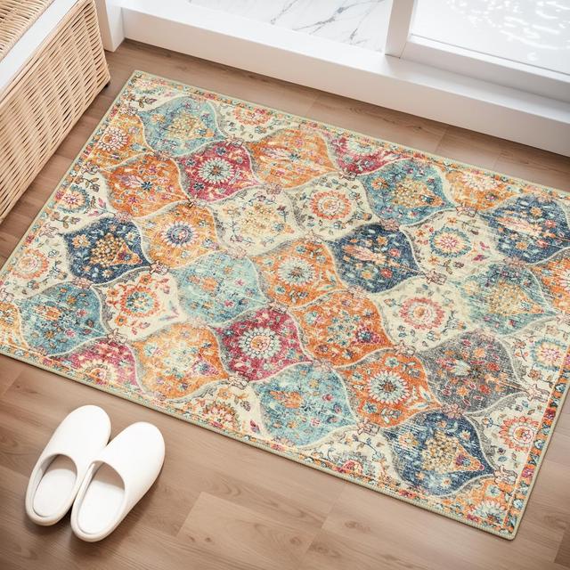 Product image of Lahome Moroccan Trellis Washable Rug, 2x3 Kitchen Rugs for Entryway Bathroom, Non-Slip Indoor Door Mat Ultra-Thin, Small Oriental Throw Carpet for Bedroom Entry, Cream/Multi
