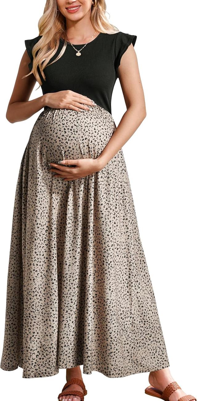 Product image of OUGES Women 2025 Spring Summer Dresses Maternity Sleeveless Ribbed Fashion Casual Outfits Maxi Dress with Pockets