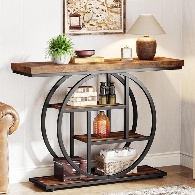 Product image of Tribesigns 41.3" Console Table, Industrial 4-Tier Sofa Table Entryway Table with Circle Base, Narrow Wood Accent Tables with Storage Shelves for Living Room, Hallway, Foyer, Rustic Brown