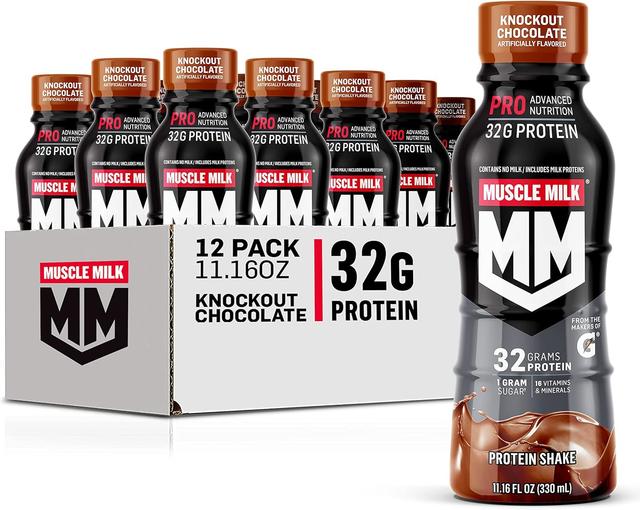 Product image of Muscle Milk Pro Advanced Nutrition Protein Shake, Knockout Chocolate, 11.16 Fl Oz (Pack of 12), 32g Protein, 1g Sugar, 16 Vitamins & Minerals, 5g Fiber, Workout Recovery, Energizing Snack, Packaging May Vary
