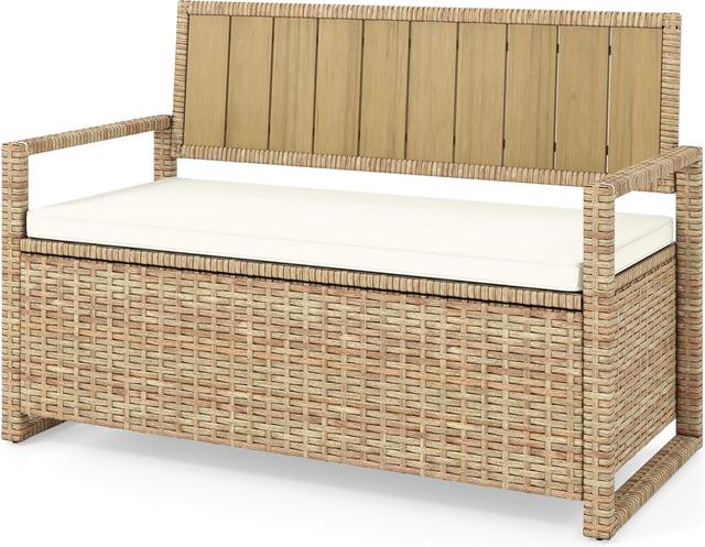 Product image of DWVO 70Gal Outdoor Storage Bench with Cushion & Composite Wood Backrest, All-Weather Wicker Deck Bench with Rustproof Bag, Poolside, Patio, Garden (Sand Beige)