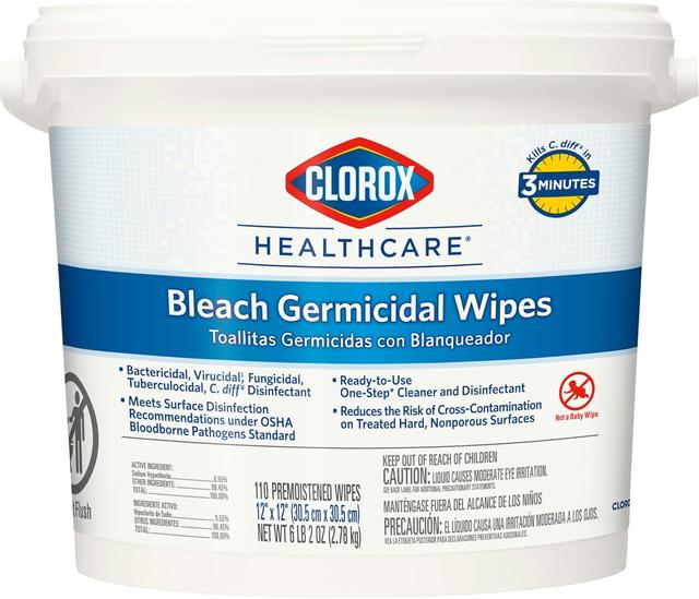 Product image of Clorox Healthcare Bleach Germicidal Wipes Bucket, 12" x 12", 110 Count Bucket (Package May Vary)