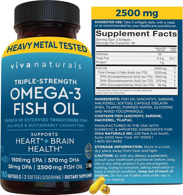 Product image of Omega 3 Fish Oil Supplement for Women and Men - 2500 mg Triple Strength Fish Oil Pills with Re-Esterified Omega 3 Fatty Acids including EPA, DHA DPA - 180 Pescatarian-Friendly Softgels