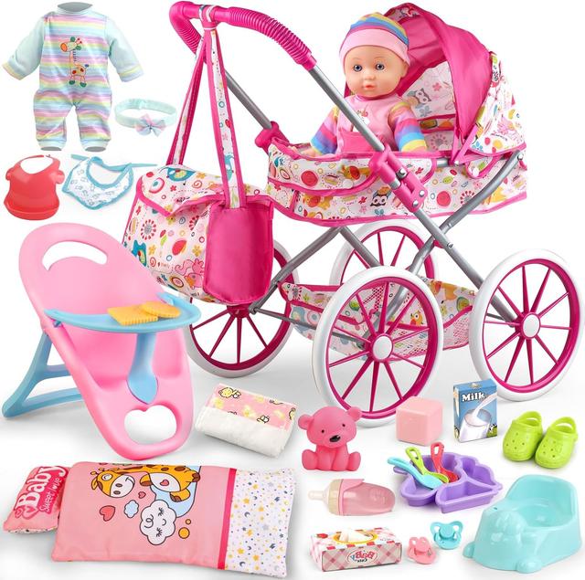 Product image of Baby Doll Stroller Toys Set with 12.5" Baby Doll,Dining Chair,Quilt Pillow,24 PCS Baby Doll Accessories and 2 Sets Doll Clothes,Baby Stroller Toys for Girls Toddlers 3-5 4-6 5-7 Gifts for Pretend Play