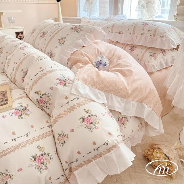 Product image of VM VOUGEMARKET Ruffle Duvet Cover Queen with Elegant Pink Flower Printed Romantic Lace Comforter Cover with Zipper Ties Cotton Princess Bedding Set for Teen Girls