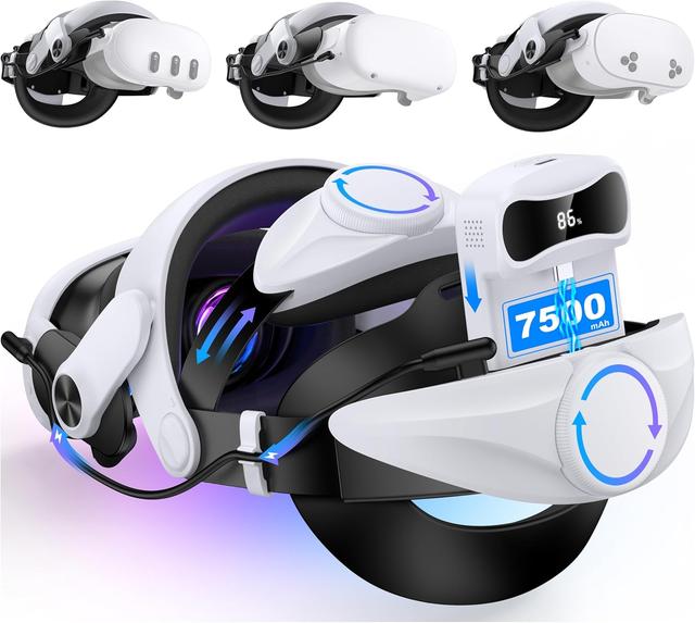 Product image of Head Strap with Battery for Meta Quest 3S/Quest 3/Quest 2, Comfor VR Accessory with 2 Adjustable Knobs to Adjust for Head Fit, Elite Strap with 7500mah Battery Pack for Extended 3H of Playtime