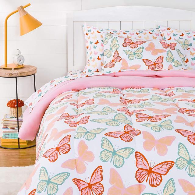 Product image of Amazon Basics Kid's Soft, Easy Care Microfiber Bed-in-a-Bag 5-Piece Bedding Set, Twin, Butterfly Friends