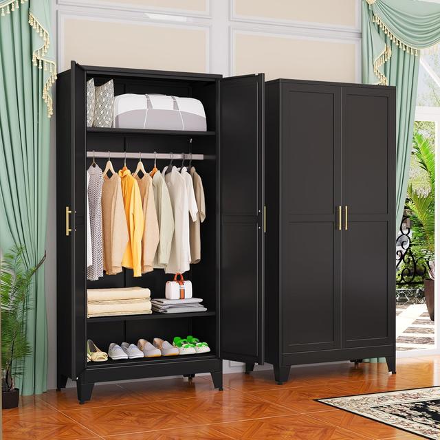 Product image of Metal Wardrobe Cabinet with Hanging Rod, 71" Metal Clothing Storage Cabinets with 2 Doors and Adjustable Shelves, Black Armoire Wardrobe Closet for Bedroom, Laundry Room, Cloak Room