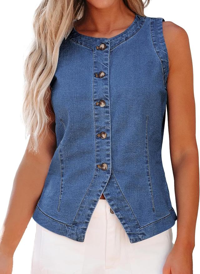 Product image of luvamia Denim Vest for Women Sleeveless Strechy Jean Vest Top Button Down Crewneck Casual Summer Western Waistcoat