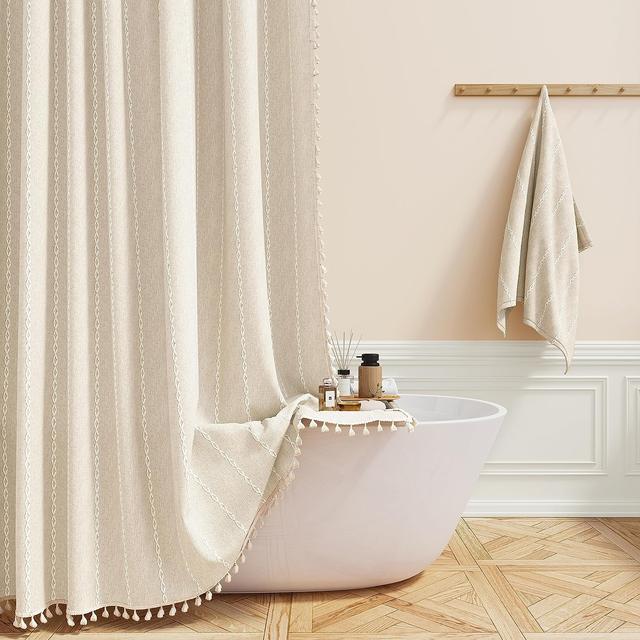 Product image of BTTN Boho Farmhouse Shower Curtain, Linen Rustic Weighted Striped Cloth Shower Curtain Set with Tassel, Water Repellent, Bohemian Vintage Country Fabric Shower Curtain for Bathroom, Cream/Beige, 72x72