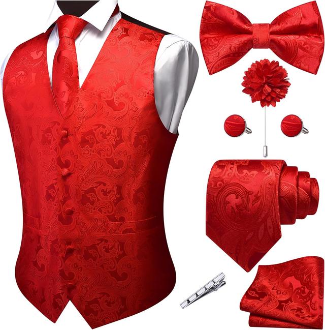 Product image of GUSLESON Men's V-Neck Suit Vests Formal Men Vest Paisley Jacquard Tie Waistcoat Bow tie Hanky Set Wedding 7PCS